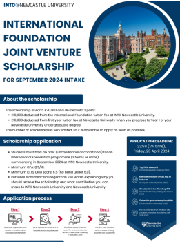 INTO Newcastle University: International Foundation Joint Venture Scholarship worth £20,000