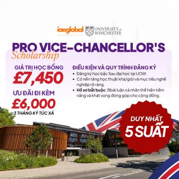 DUY NHẤT 5 SUẤT: HỌC BỔNG PRO VICE-CHANCELLOR'S SCHOLARSHIP TRỊ GIÁ £7,450 TẠI UNIVERSITY OF WINCHESTER (UK)
